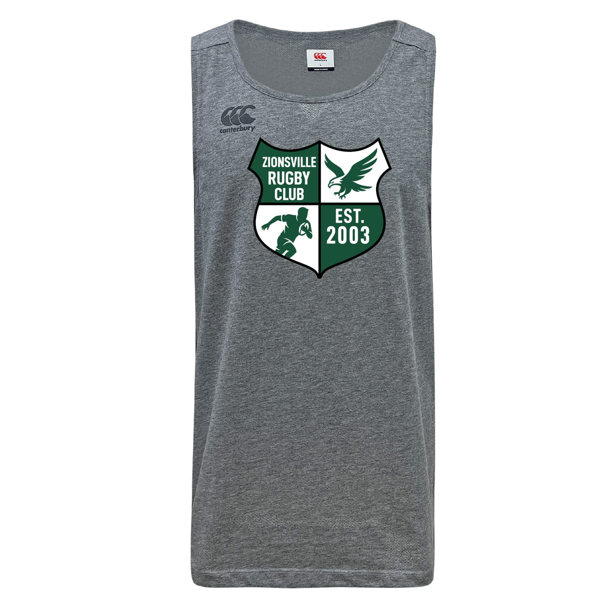 The Zionsville Rugby Club Tempo Vapodri Singlet by WRS Canterbury is a gray recycled polyester athletic tank featuring a green and white club crest with an eagle, lion, and "Est. 2003" on the front.