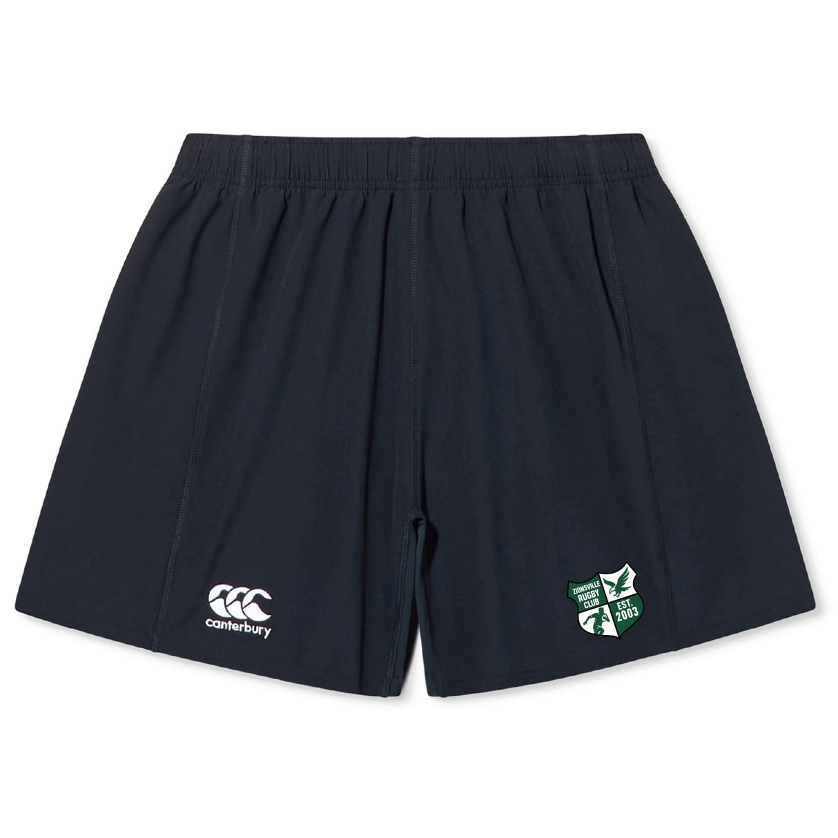 The Zionsville Rugby Club Yokohama Short by EMB Canterbury features an elastic waistband, Canterbury logo on one leg, and a green and white school crest on the other, offering comfort and durability—ideal custom rugby shorts.