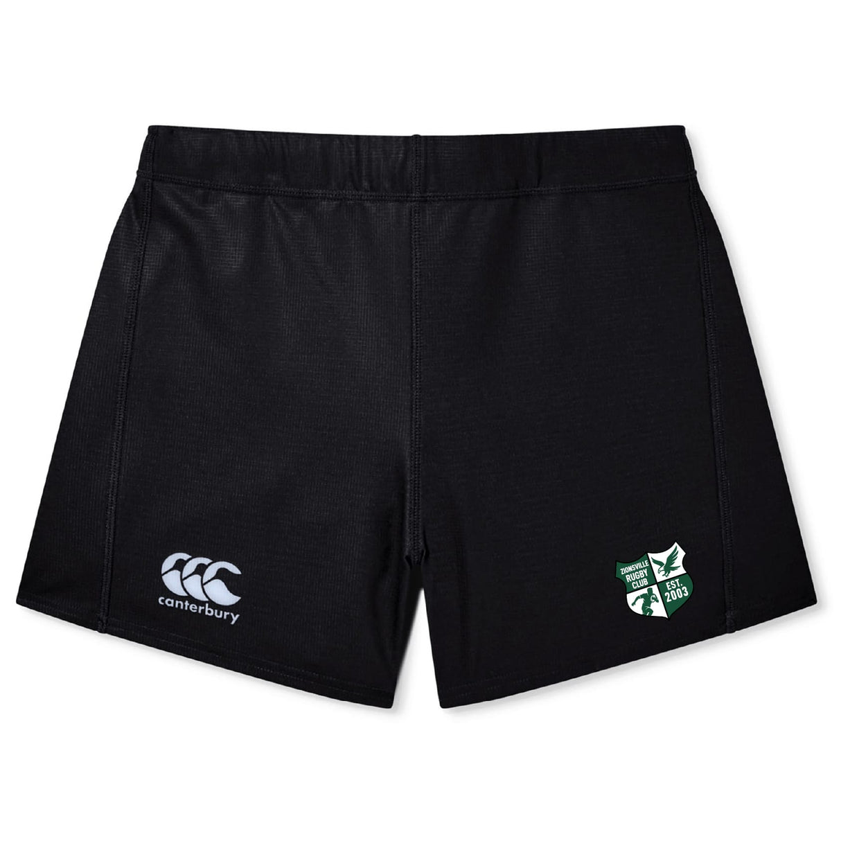 The Zionsville Rugby Club Women's Yokohama Short by EMB Canterbury features the Canterbury logo on the left leg and a green and white embroidered patch on the right, ideal for women's rugby fans.