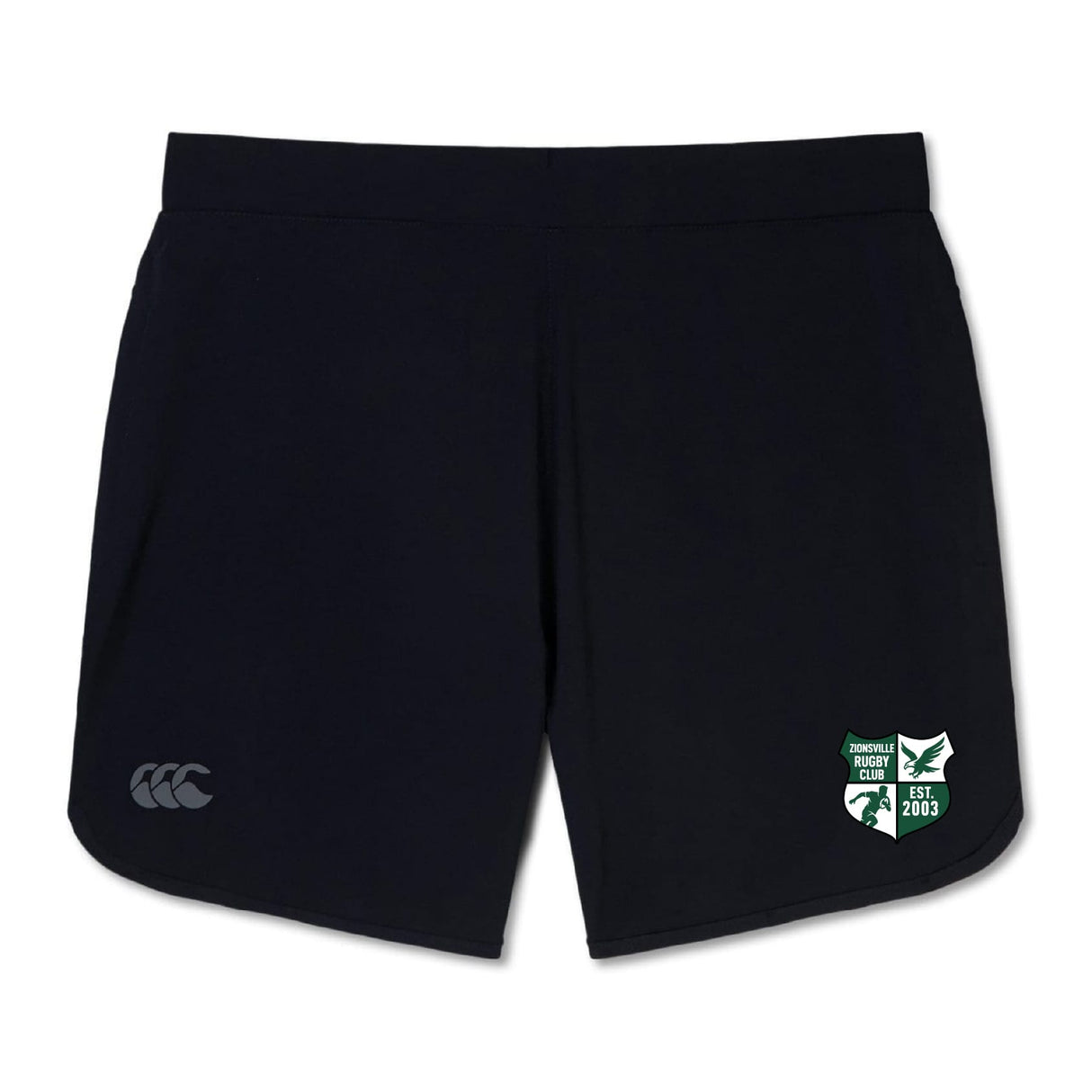 The EMB Canterbury Zionsville Rugby Club Women's Elite Woven Short features a white logo on the left leg, a green and white "EST 2003" badge on the right, and zippered pockets—ideal for gym sessions.