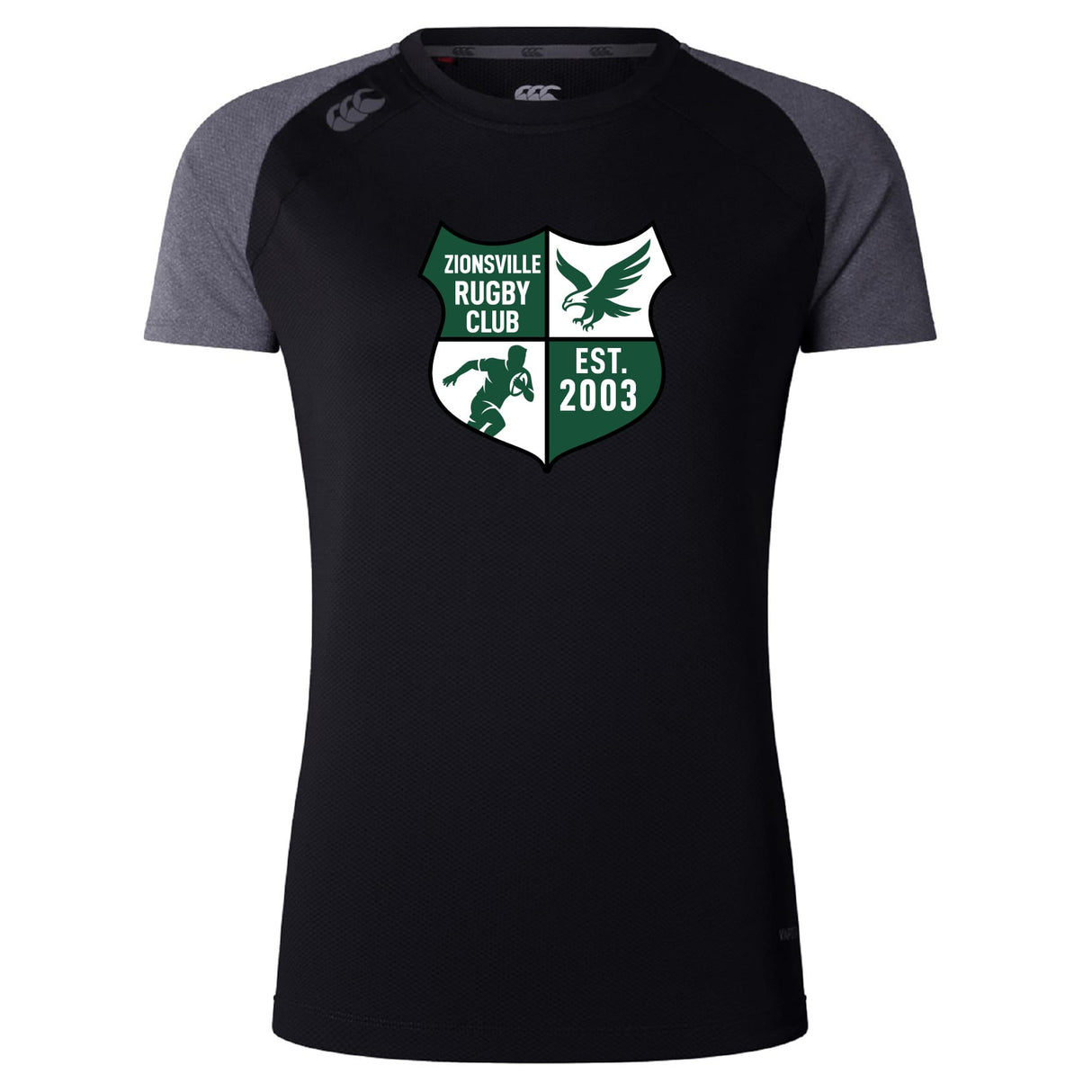 The Zionsville Rugby Club Women’s Elite Training Tee by WRS Canterbury is a black and gray short-sleeve top with the club crest, bird, rugby player, and “EST. 2003” in green and white, designed for breathable workouts.