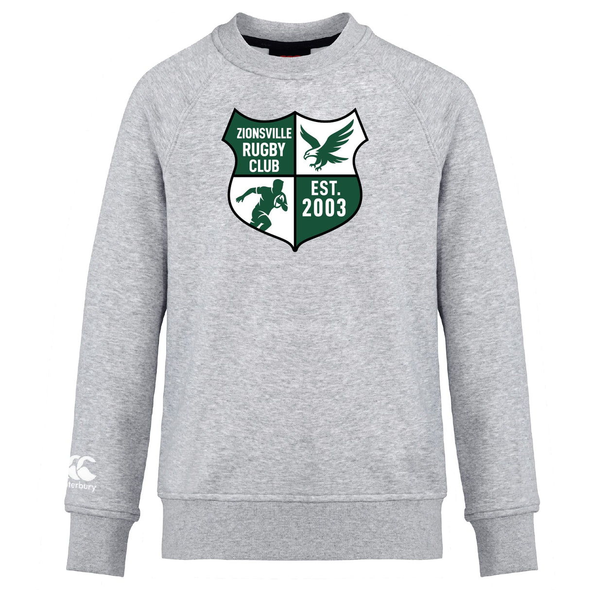 The Zionsville Rugby Club Club Crew Sweatshirt by WRS Canterbury is a gray crew with an eagle, rugby player, "EST. 2003," and the club logo on the front, plus an embroidered CCC logo—a custom piece that shows your team spirit.
