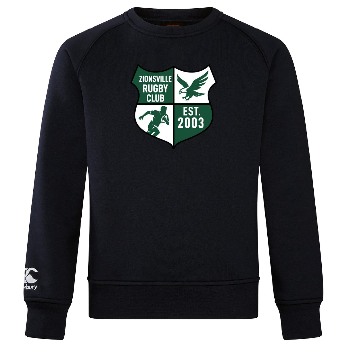 The Zionsville Rugby Club Club Crew Sweatshirt by Canterbury, from WRS Canterbury, features the club crest with a rugby player, eagle, "EST. 2003" in green/white, and an embroidered CCC logo on the sleeve.
