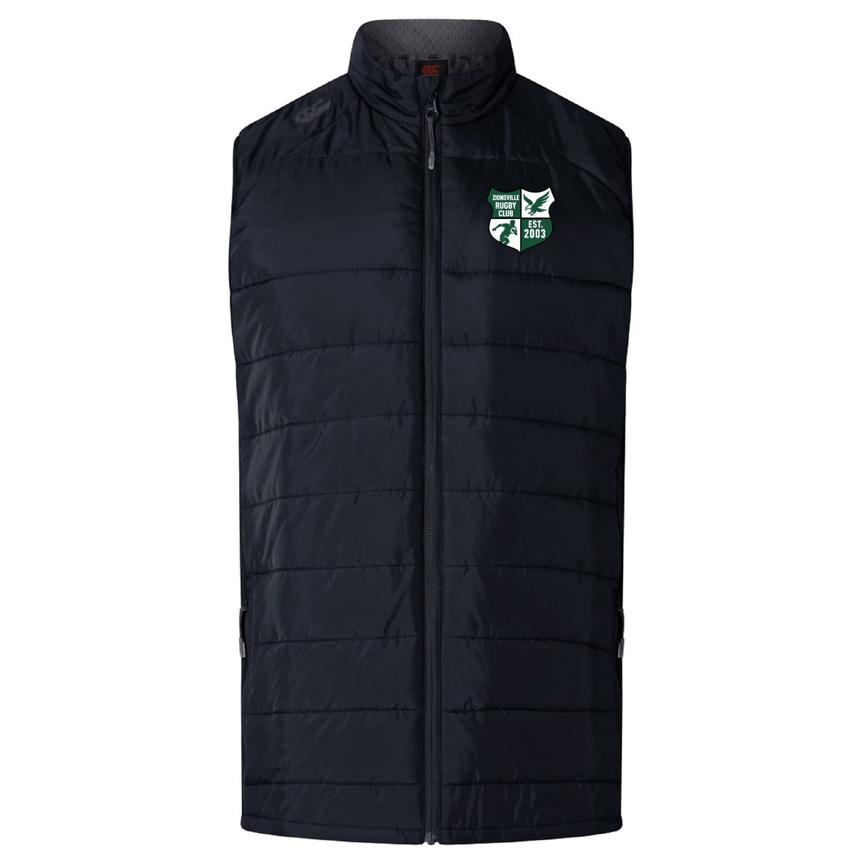 The Zionsville Rugby Club Women's Elite Microlite Gilet by EMB Canterbury features quilted insulation, a front zipper, and a green and white crest logo on the left chest.
