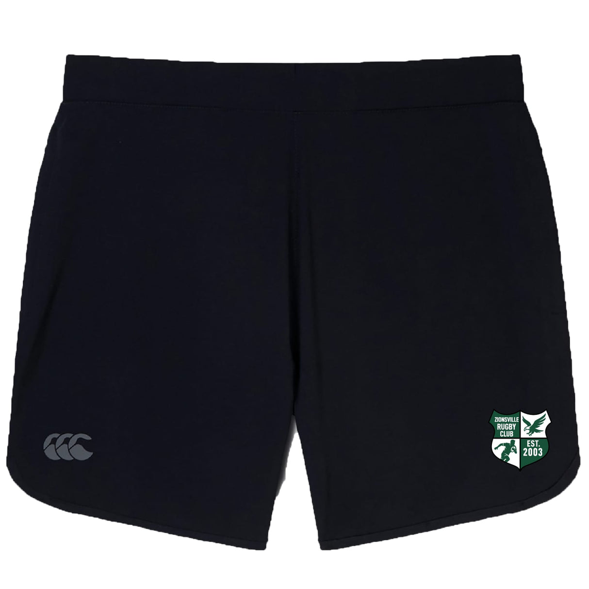 The Zionsville Rugby Club Elite Woven Short by EMB Canterbury features a white Canterbury logo on the left leg, zippered pockets, and a green and white rugby club crest with "ESTB 2003" on the right leg.