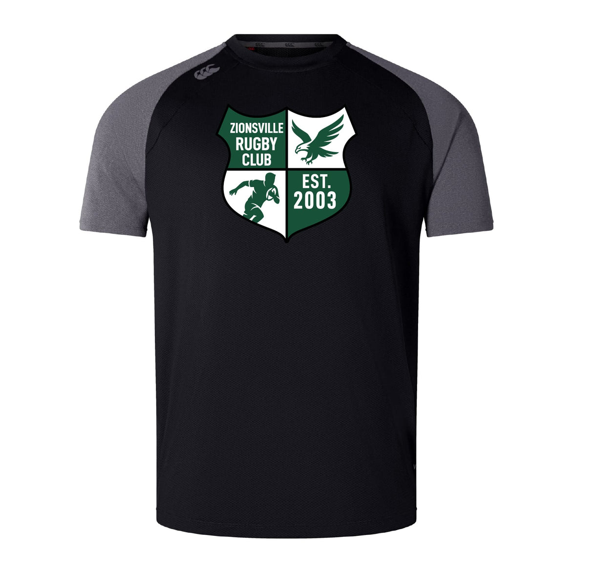 The Zionsville Rugby Club Elite Training Tee by WRS Canterbury features black and gray short sleeves, a club crest with "EST. 2003" on the chest, and breathable Vapodri fabric for superior comfort.