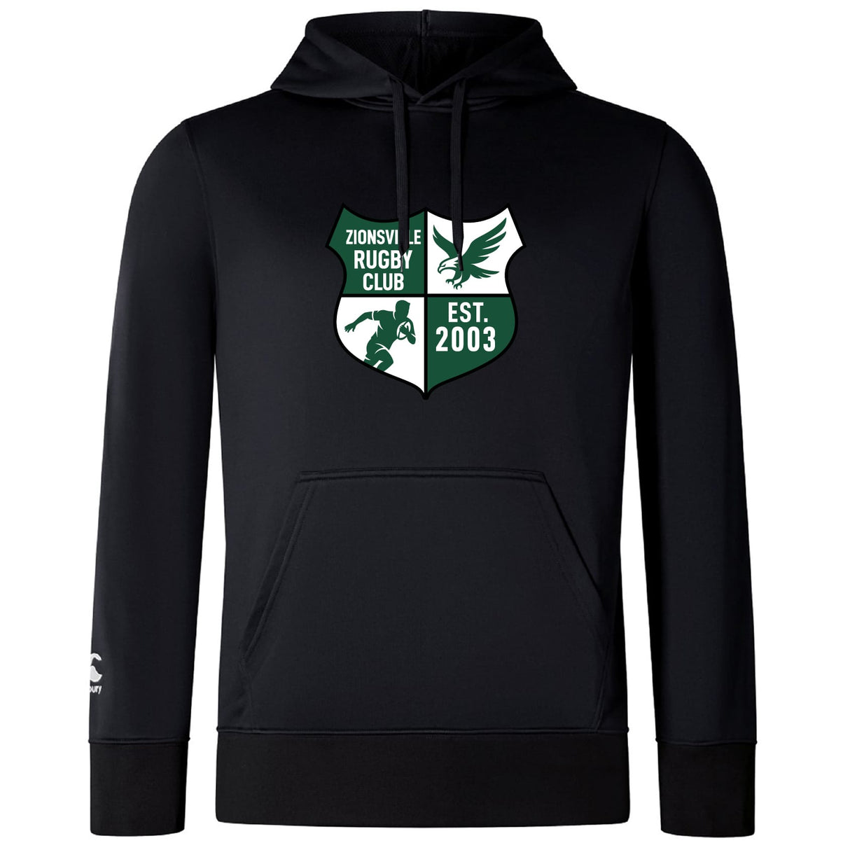 The Zionsville Rugby Club Lightweight Hoodie by WRS Canterbury features a large club crest with “EST. 2003” on the chest, a small white sleeve logo, and offers lightweight comfort—perfect for showing your team pride.
