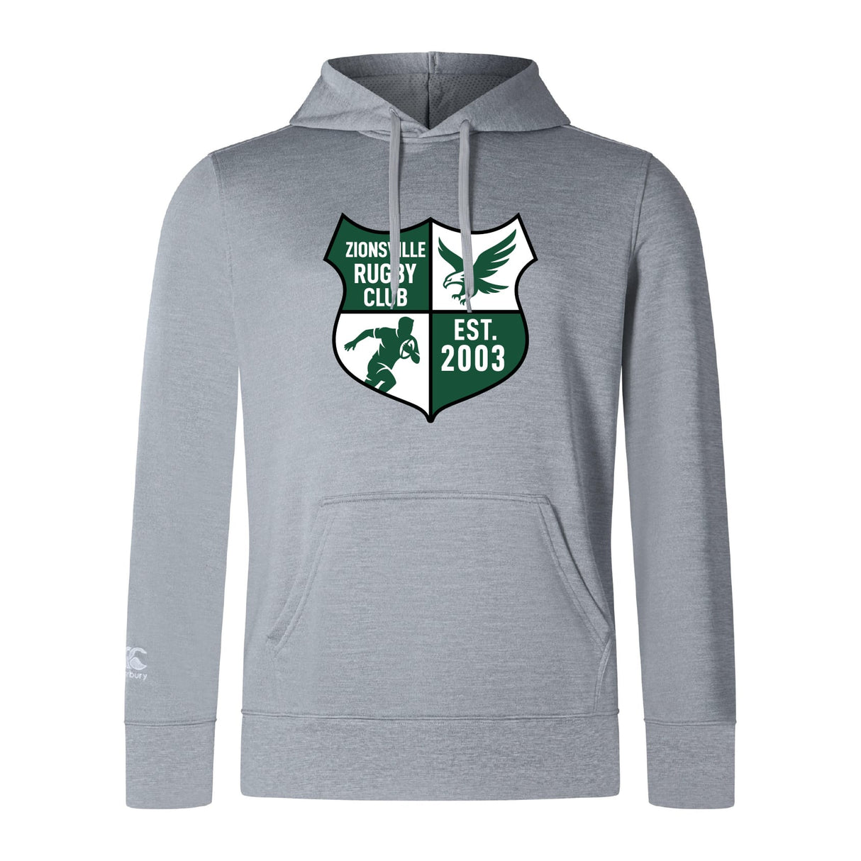 The Zionsville Rugby Club Club Lightweight Hoodie by WRS Canterbury features the club crest with a rugby player, eagle, and "EST. 2003" in green and white; custom made for comfort and style.