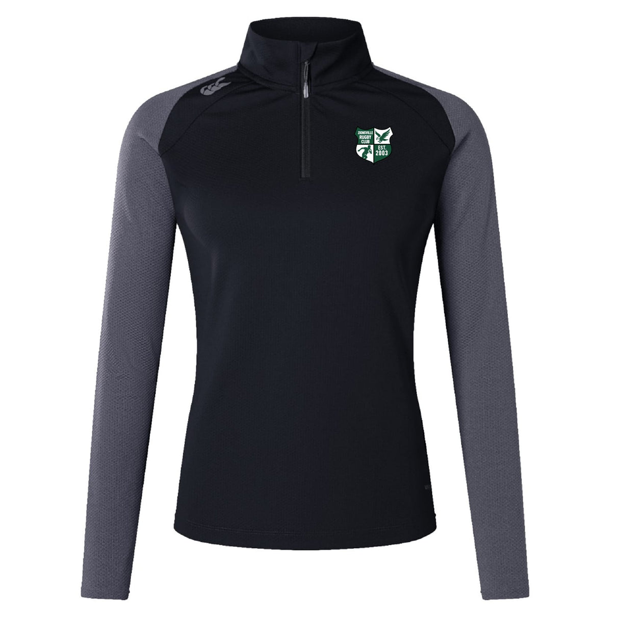 The Zionsville Rugby Club Women's Elite First Layer by EMB Canterbury is a black and gray long-sleeve quarter-zip top with VapoDri moisture-wicking, a white and green crest on the left chest, and a logo on the right shoulder.