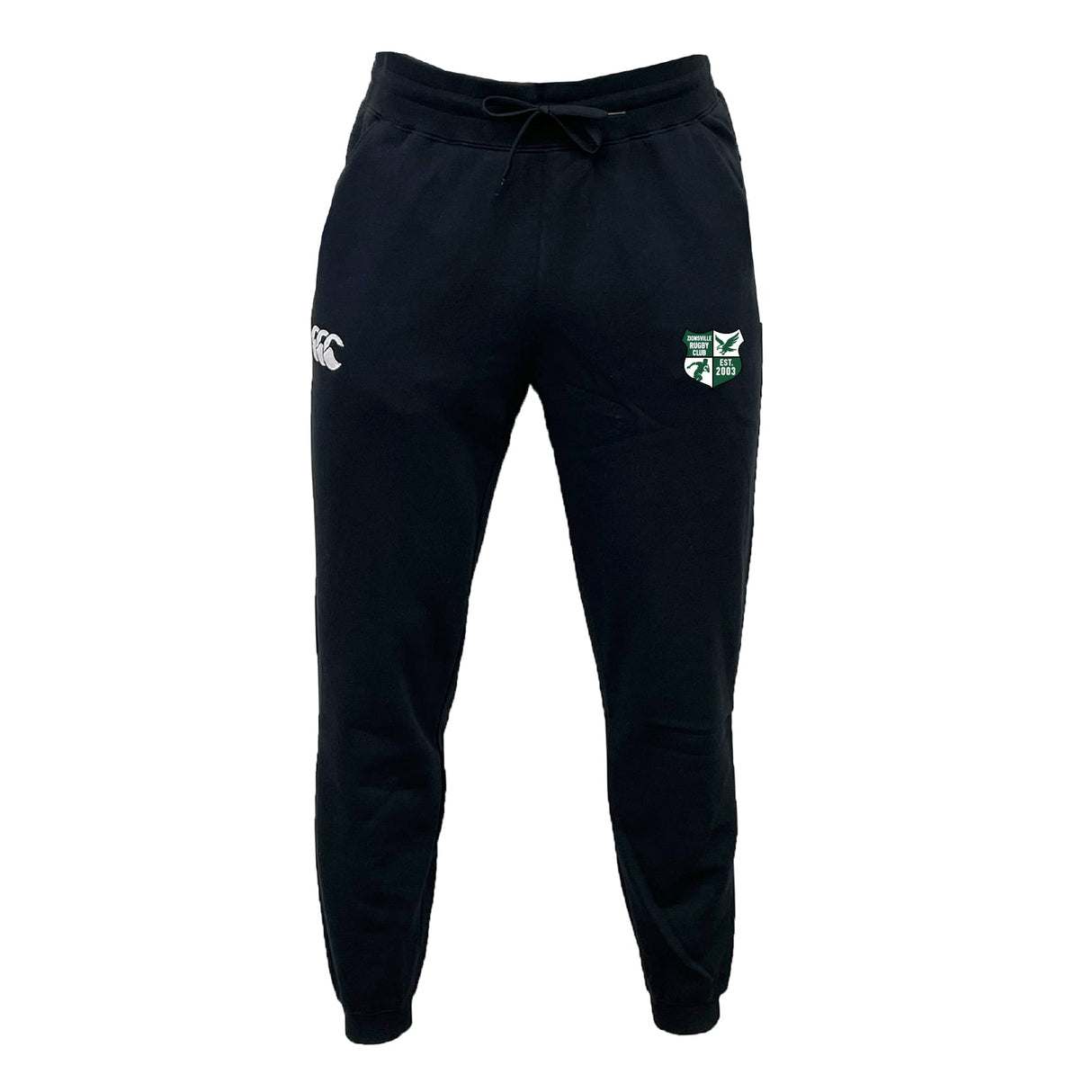 The Zionsville Rugby Club Leisure Sweatpant by EMB Canterbury features a drawstring waist, soft recycled polyester fleece, a white embroidered logo on the left thigh, and a green shield emblem on the right thigh.