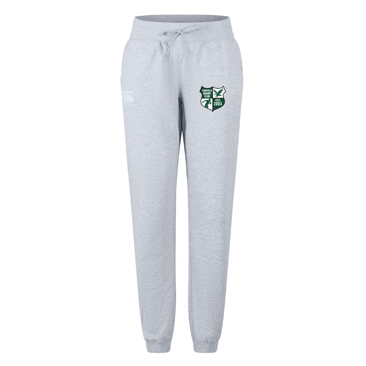 The Zionsville Rugby Club Women's Leisure Sweatpant by EMB Canterbury features a light gray organic cotton design, drawstring waist, green and white crest on the left thigh, and a white emblem on the right—ideal for rugby fans or casual wear.