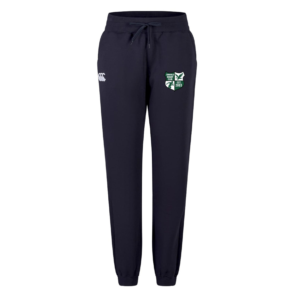 The Zionsville Rugby Club Women's Leisure Sweatpant by EMB Canterbury features a navy blue color, drawstring waist, white logo on the left thigh, and a green and white crest on the right thigh. Part of the Canterbury rugby apparel collection.