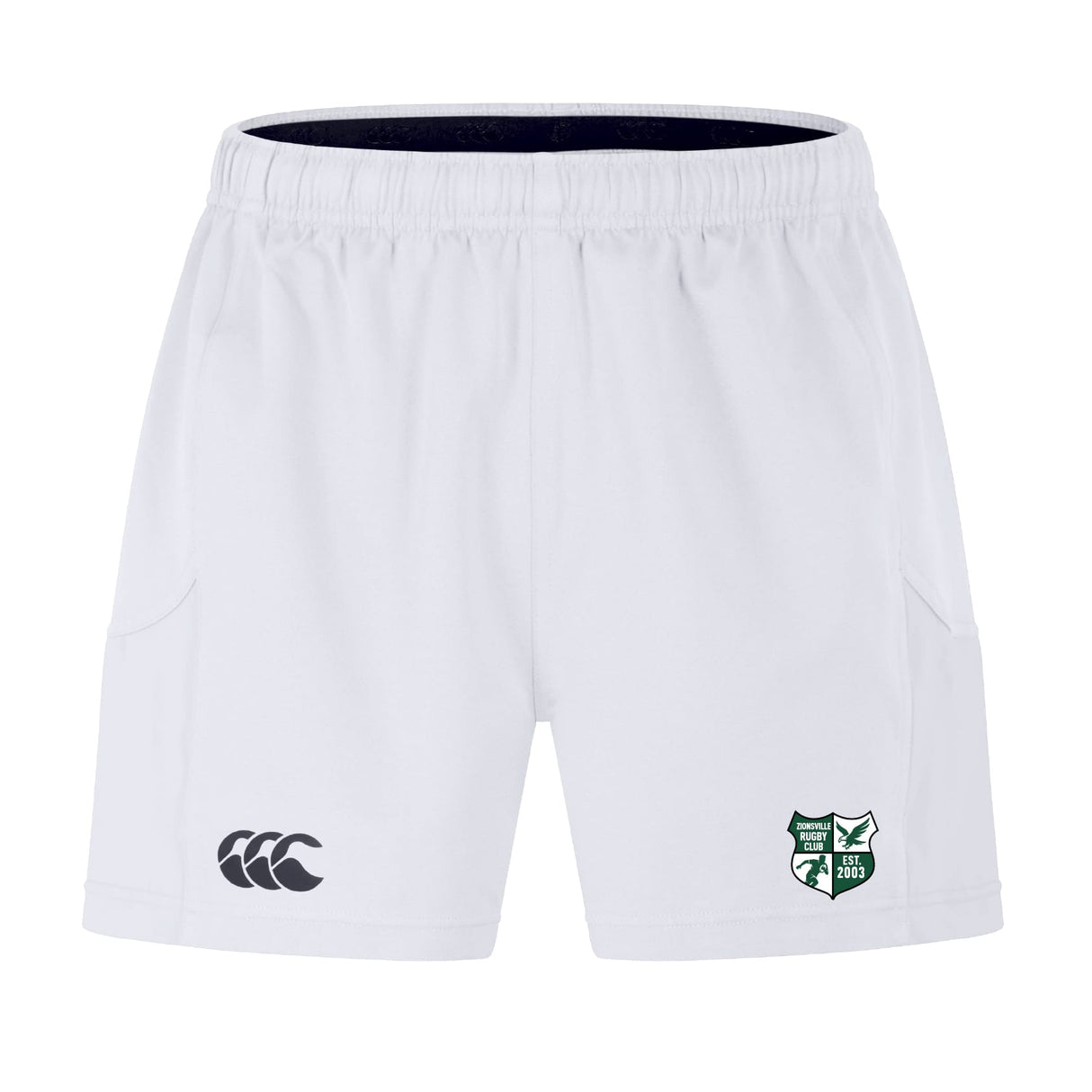 The Zionsville Rugby Club Advantage Short 2.0 by EMB Canterbury features an elastic waistband, black Canterbury logo (left leg), green and white crest (right leg), and is made from recycled content for sustainable performance.