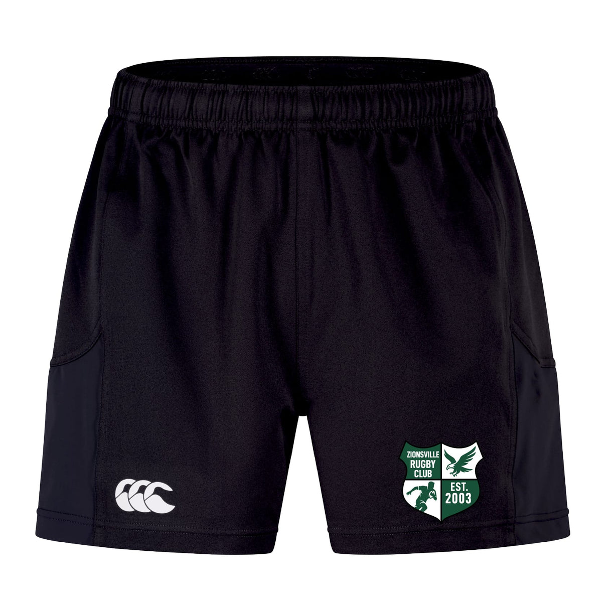 The EMB Canterbury Zionsville Rugby Club Advantage Short 2.0 features an elastic waistband, Canterbury logo on the left leg, club crest on the right, and is made with recycled content for sustainable performance.