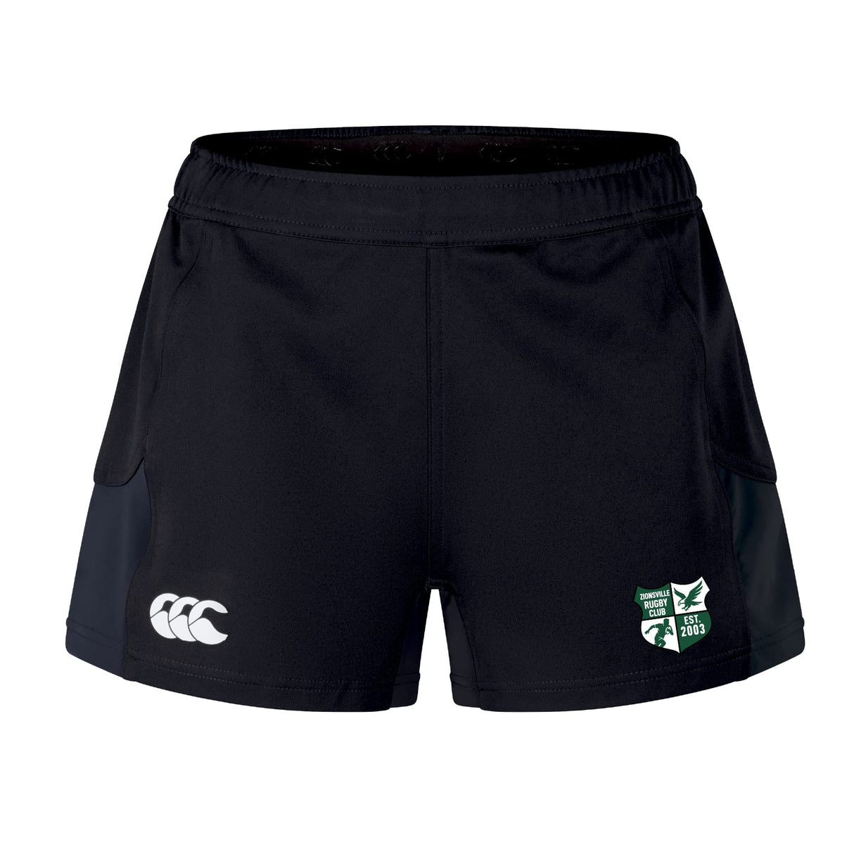 The Zionsville Rugby Club Women's Advantage Short 2.0 by EMB Canterbury features a white logo on the left leg and a green, white, and black shield emblem on the right—sustainable athletic shorts for women seeking style and performance.