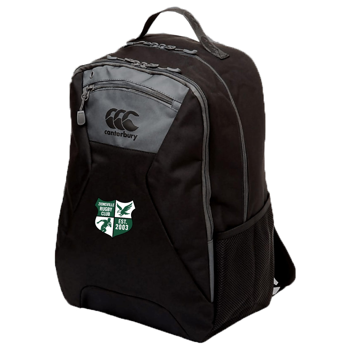 The EMB Canterbury Zionsville Rugby Club Medium Backpack features grey accents, zippered compartments, mesh side pocket, padded laptop pocket, and a Zionsville Rugby Club patch on the front.