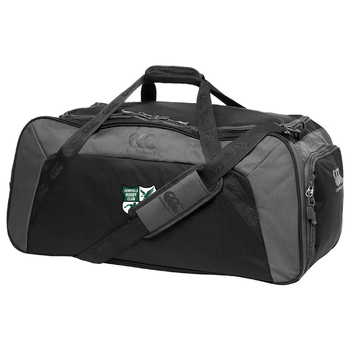 The Zionsville Rugby Club Holdall Duffle Bag by EMB Canterbury features black and grey colors, shoulder straps, handles, side pockets, a green and white logo, and water repellent fabric—ideal for the gym or carrying rugby gear.