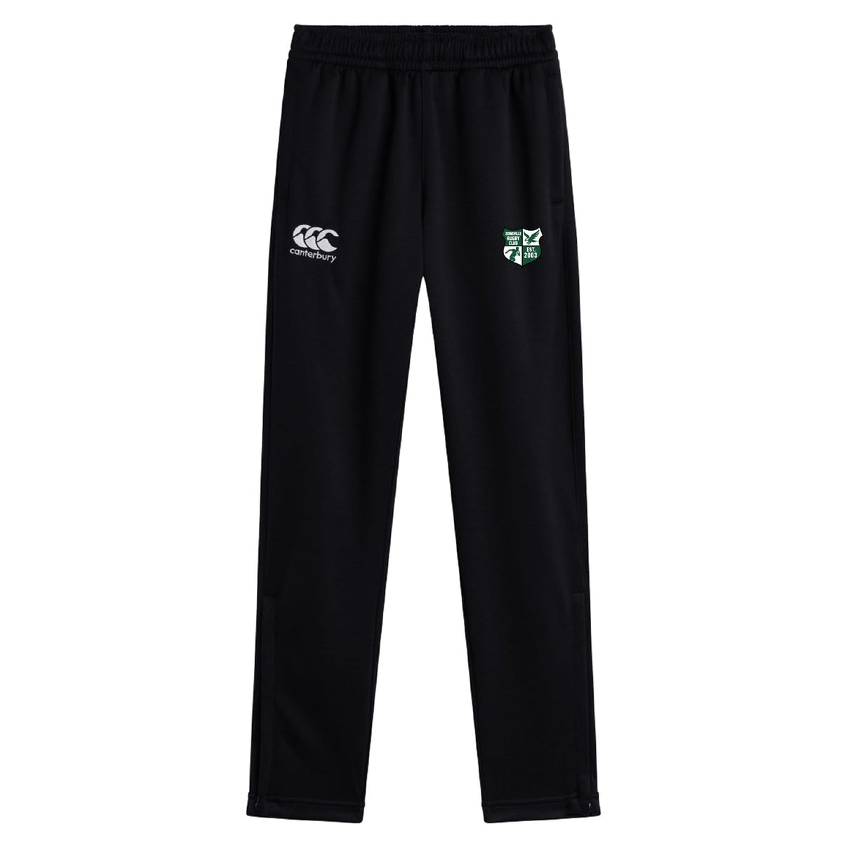The EMB Canterbury Zionsville Rugby Club Stretch Tapered Pant features black quick-dry fabric, an elastic waistband, and two embroidered logos on the front thigh—ideal for men's workouts and sport.