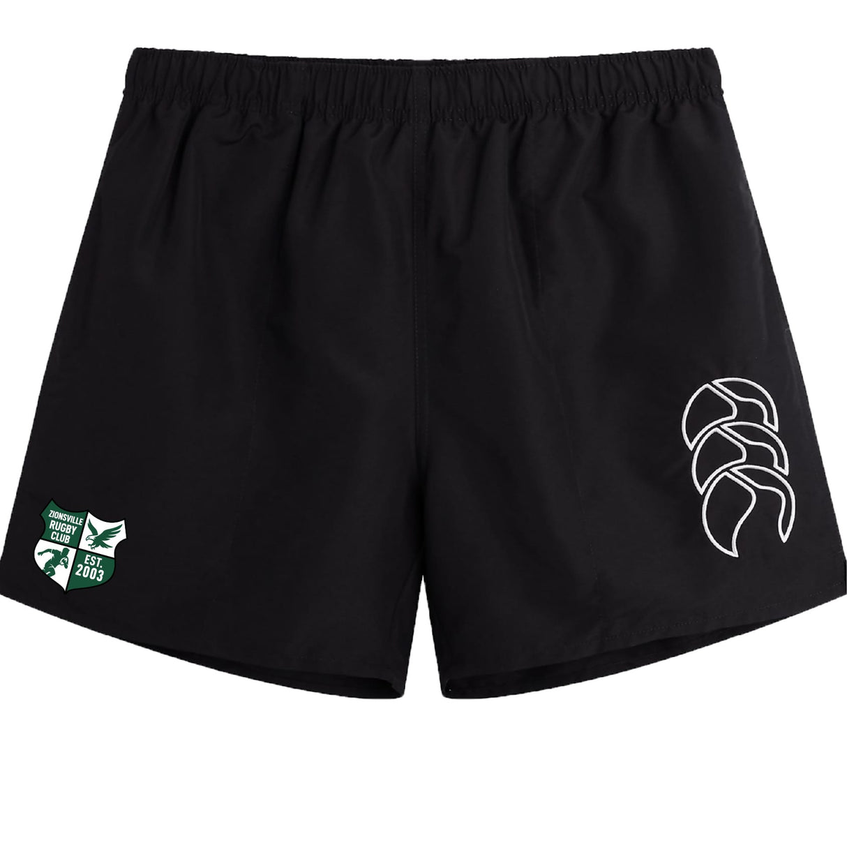 The Zionsville Rugby Club Tactic Short by EMB Canterbury features a green and white patch on the left leg and a large white logo on the right, perfect for gym training or as stylish Canterbury shorts.