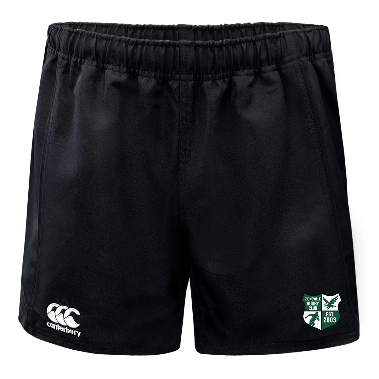 The Zionsville Rugby Club Advantage Rugby Shorts by EMB Canterbury feature an elastic waistband, CCC logo on the left leg, green club emblem on the right, and are made from moisture-wicking fabric for comfort on and off the field.