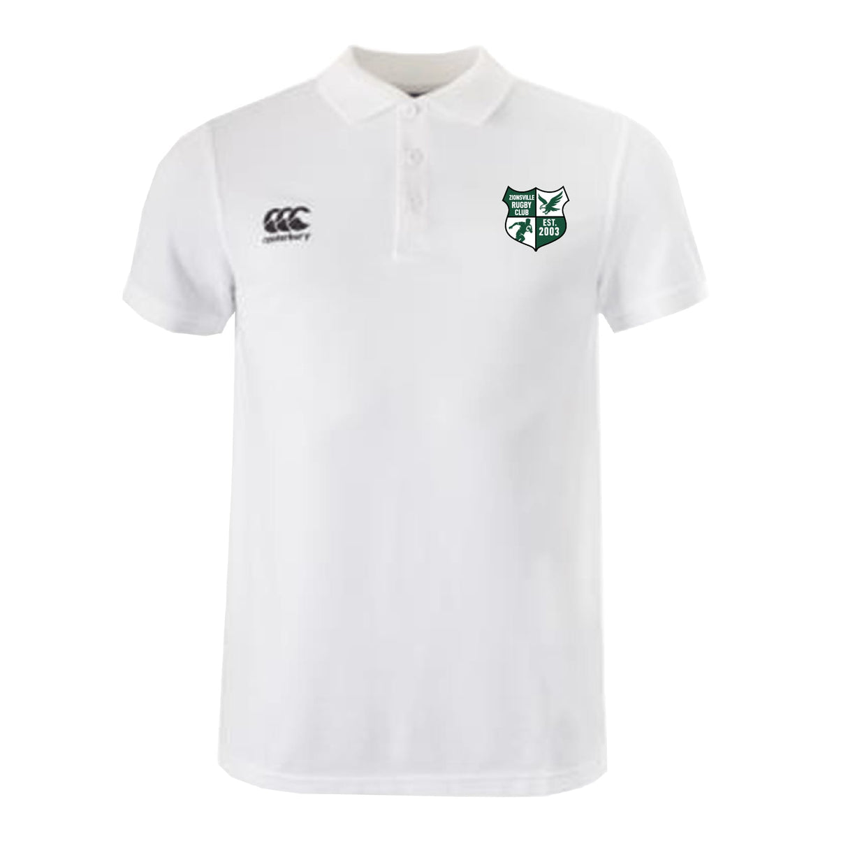 The Zionsville Rugby Club Waimak Polo by EMB Canterbury is a white men’s short-sleeve polo with a green and black crest on the left chest and the Canterbury logo on the right, ideal as a classic rugby polo.