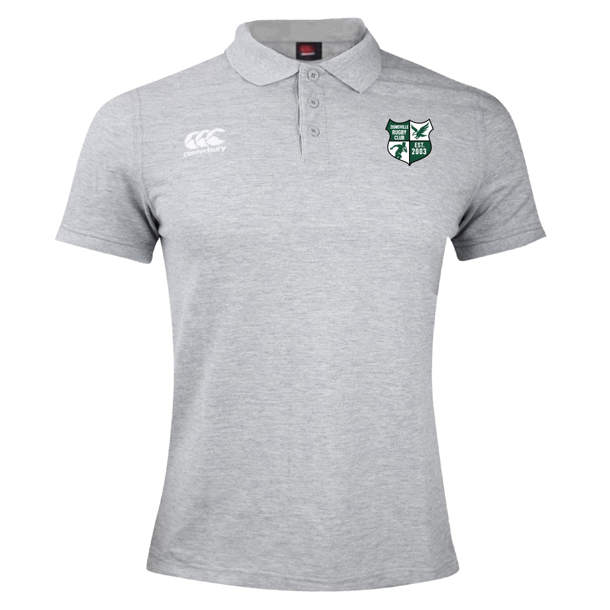 The Zionsville Rugby Club Waimak Polo by EMB Canterbury is a light grey short-sleeve collared men's polo with two embroidered chest logos—a stylish and classic piece for versatile wear.