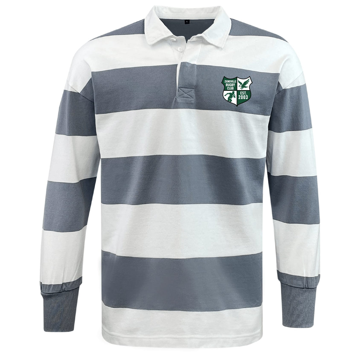 The Zionsville Rugby Club Classic Long Sleeve Hooped Rugby Jersey by EMB Mudoo features bold grey and white stripes, a white collar, button placket, and a green and white crest logo—a timeless rugby shirt style.