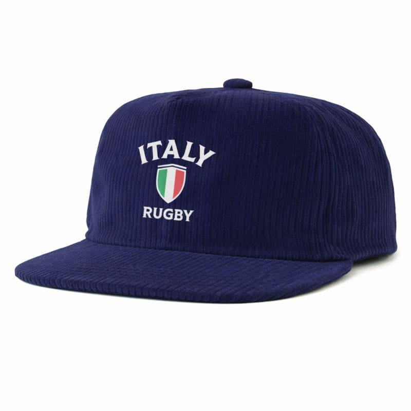The EMB Weld Nations of Rugby Italy Corduroy Field Trip Cap features navy blue corduroy with "ITALY RUGBY" and a tricolor shield embroidered on the front—ideal for rugby fans.