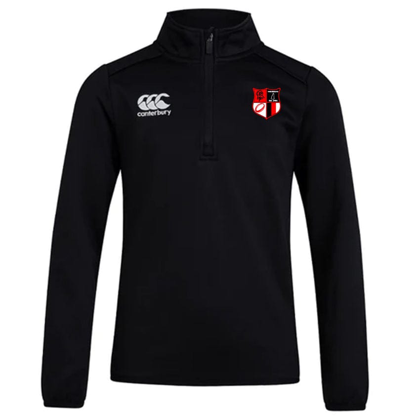 The Amoskeag Rugby Club 1/4 Zip Mid Layer by EMB Canterbury is a black polyester fleece pullover featuring the Canterbury logo on the left chest and a red-and-white shield emblem on the right, perfect for Rugby training or casual wear.