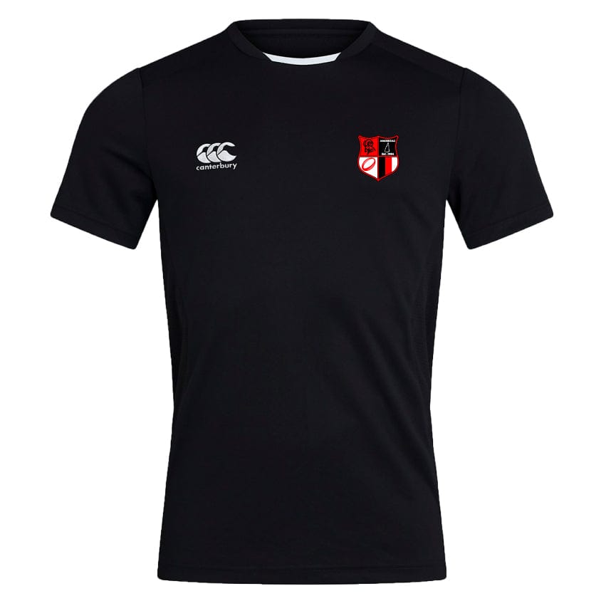 The Amoskeag Rugby Club Club Dry Tee by EMB Canterbury is a black sports shirt with a white logo on the right chest and a striking red, black, and white shield emblem on the left. Featuring CCC branding, it uses Vapodri Technology to enhance comfort during workouts.