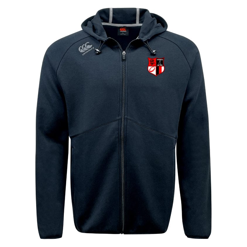 Meet the Amoskeag Rugby Club Tempo Vapodri Full-Zip Hoodie by EMB Canterbury: a black zip-up hoodie featuring a red and white shield logo on the left chest, subtle branding on the right shoulder, and moisture-wicking fabric for all-day comfort.