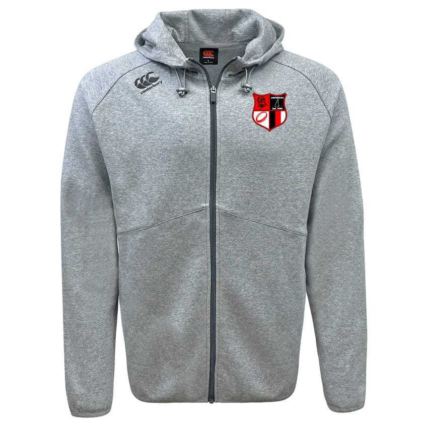 The Amoskeag Rugby Club Tempo Vapodri Full-Zip Hoodie by EMB Canterbury offers moisture-wicking comfort with its VapoDri tech. This gray hoodie features a hood, drawstrings, and a red and black shield logo on the left chest.