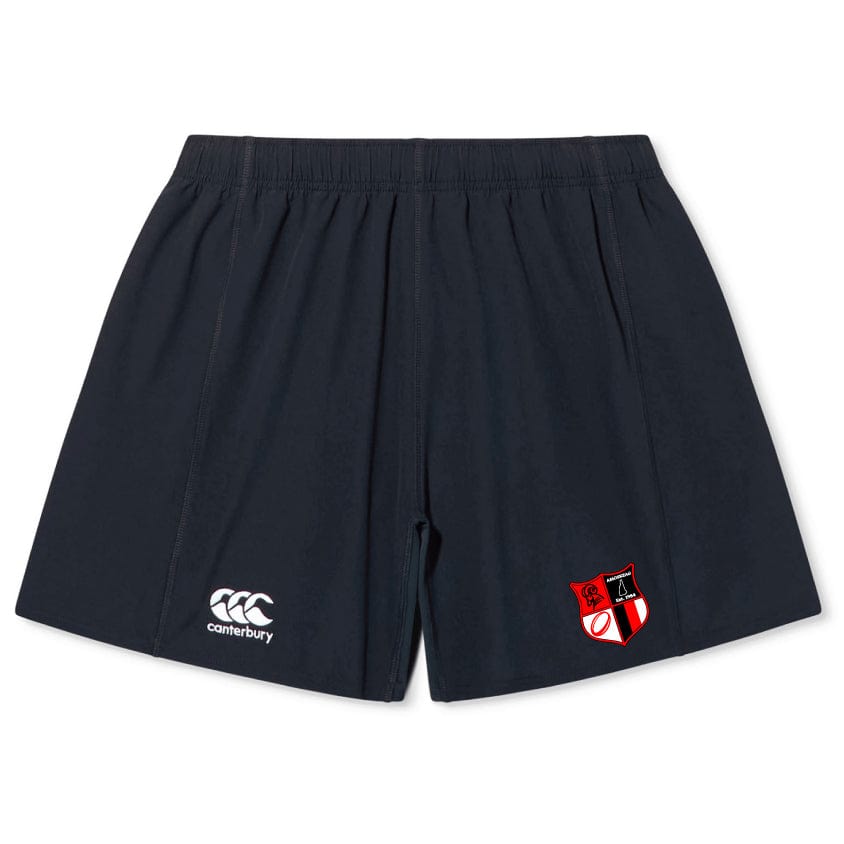 The Amoskeag Rugby Club Yokohama Short by EMB Canterbury has a white Canterbury logo on the left and a red and black crest on the right, made from lightweight fabric for comfort and flexibility.