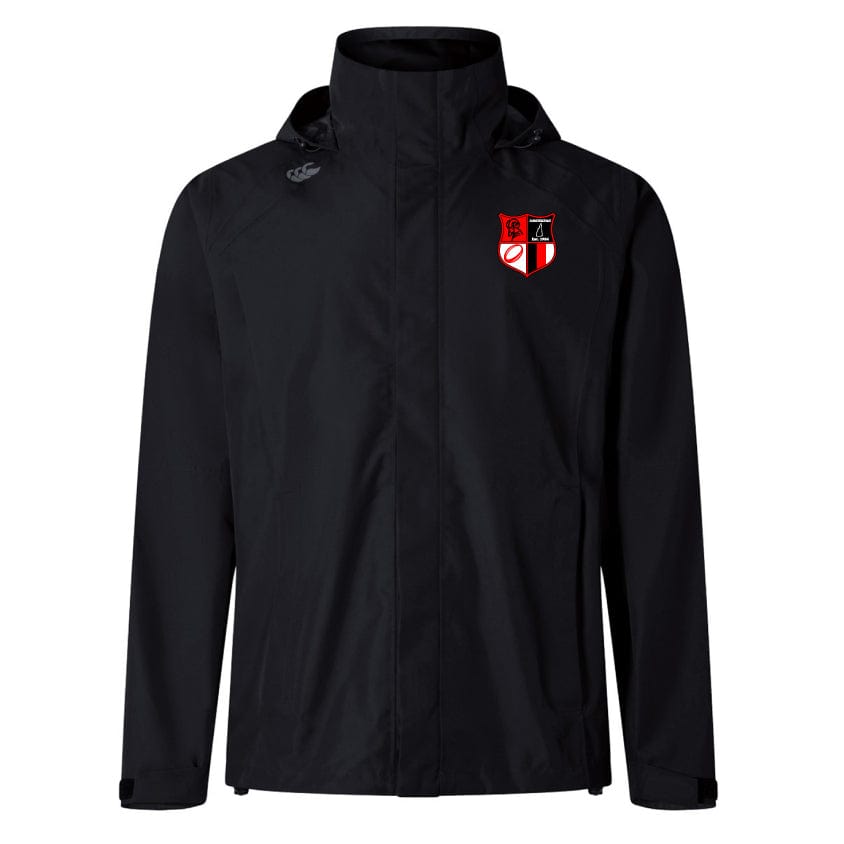 The Amoskeag Rugby Club Elite Storm Jacket by EMB Canterbury is a black jacket with a high collar and hood, featuring a red and white crest on the left chest. Crafted for durability from Outdoor Specialist Fabrics, this Vaposhield Performance piece ensures you stay dry and stylish in any weather.