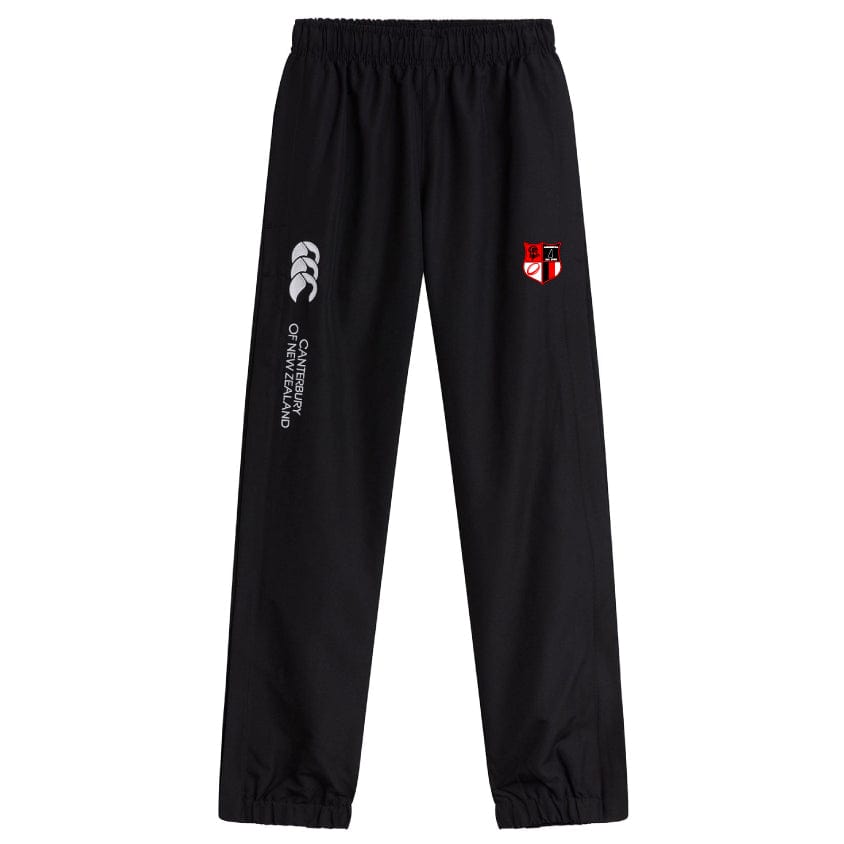 The Amoskeag Rugby Club Cuffed Hem Stadium Pant by EMB Canterbury features an elastic waistband, Canterbury of New Zealand logo, and a red/white crest. Designed for rugby enthusiasts, these black quick-drying pants offer style and comfort on and off the field.