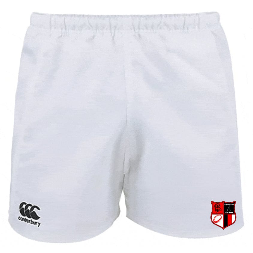 The Amoskeag Rugby Club Professional Polyester Rugby Shorts by EMB Canterbury are durable, with a white design and Canterbury logo on the left leg paired with a red and black shield on the right, ideal for practice sessions or matches.