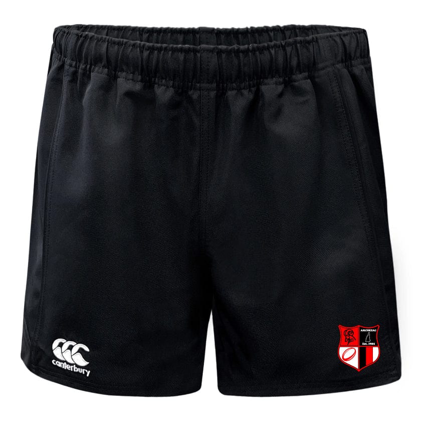The Amoskeag Rugby Club Professional Polyester Rugby Short by EMB Canterbury are black, with an elastic waistband, durable polyester material, a white Canterbury logo on the left, and a red and white shield emblem on the right.