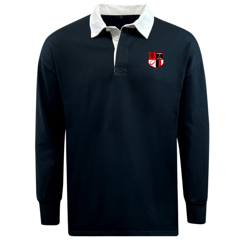 The EMB Mudoo Amoskeag Rugby Club Classic Jersey is a black long-sleeve cotton/poly blend with a white collar and features a red, white, and black shield crest on the chest for a relaxed fit.
