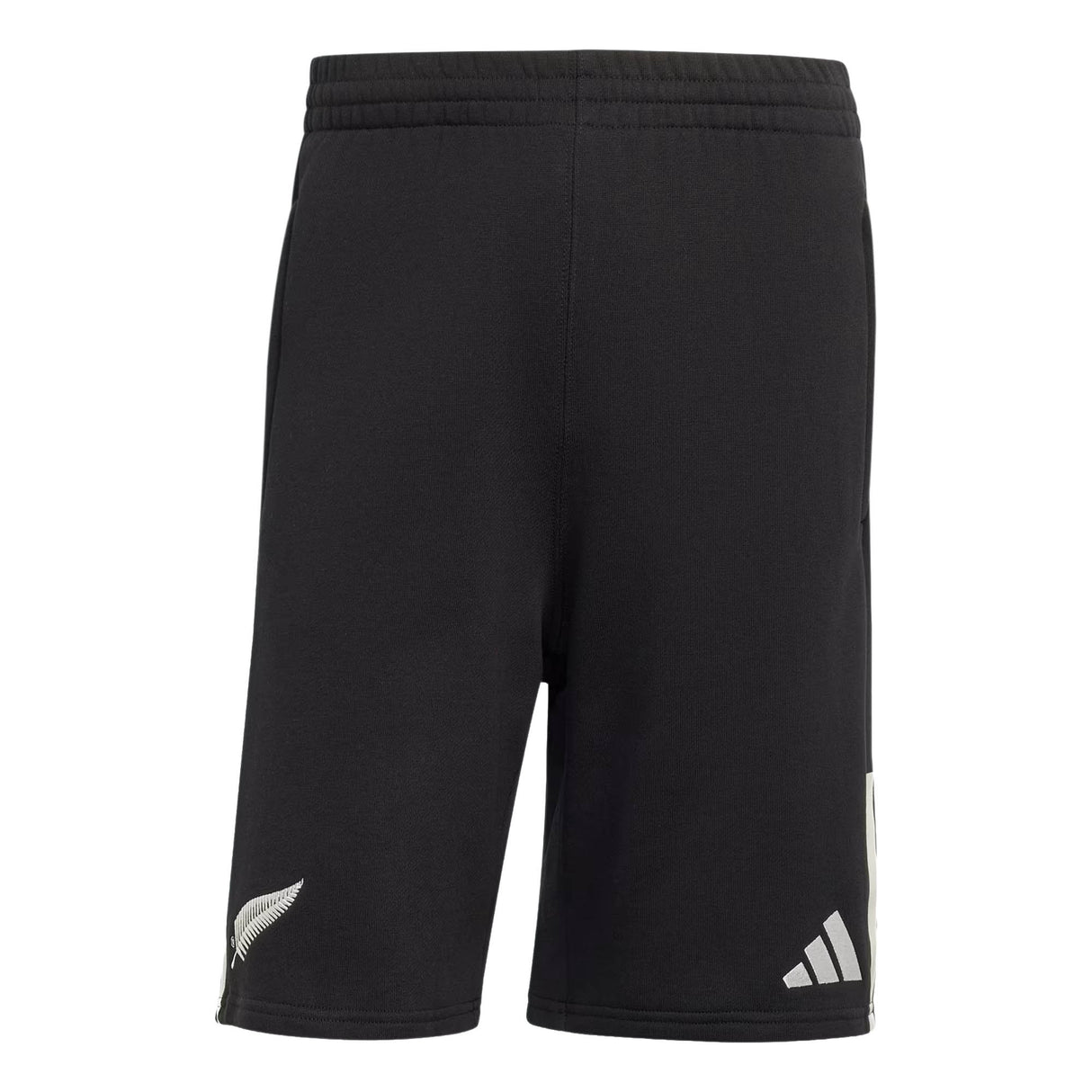 The All Blacks 26/27 Leisurewear Shorts by adidas feature an elastic waistband and are designed in black, with a distinctive white fern logo on the left leg and the adidas logo on the right leg, as seen from the back. These shorts are perfect for supporters looking for authentic adidas All Blacks leisurewear.