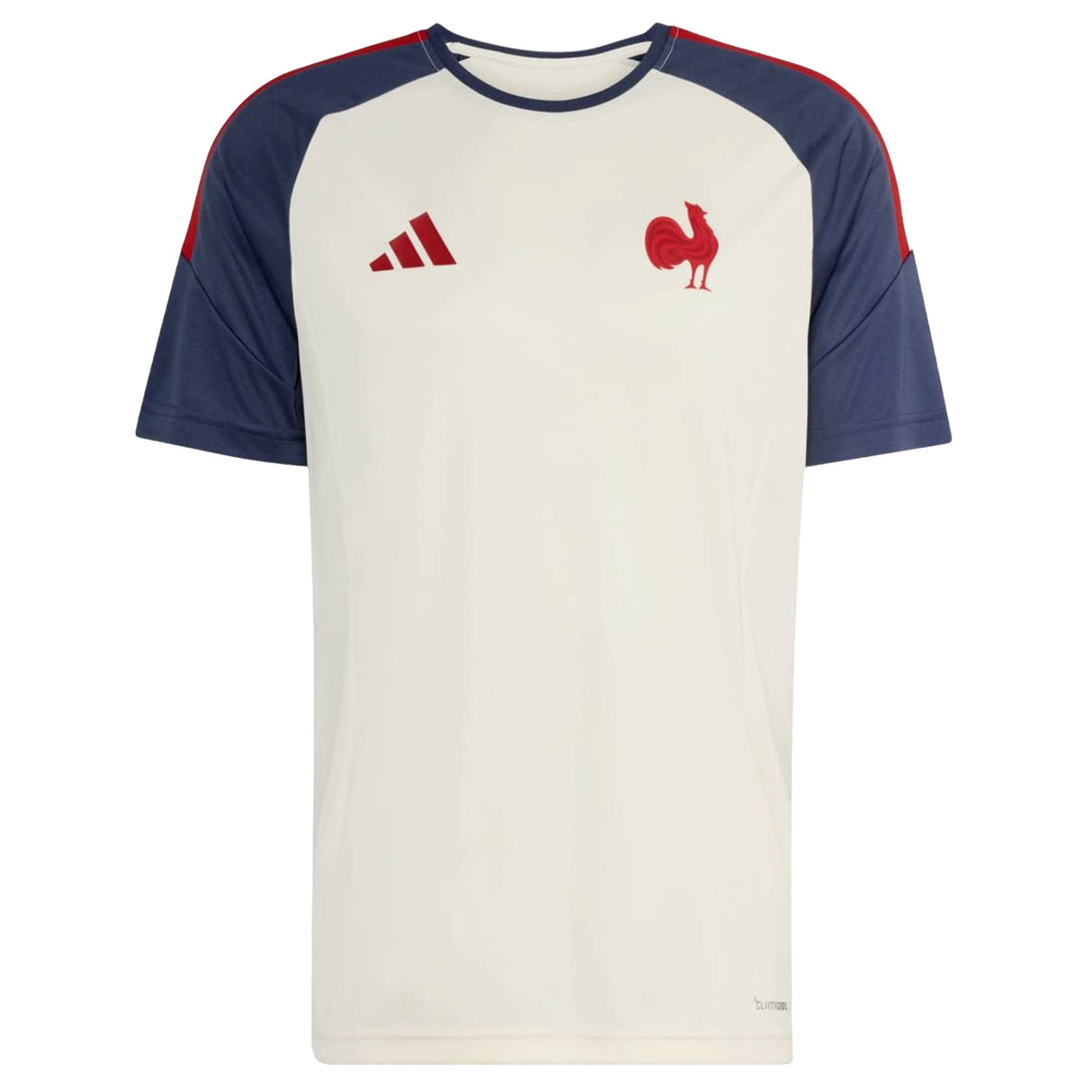 Show your support for the French national rugby team with the France FFR 26/27 Performance T-Shirt by adidas. This white short-sleeve sports jersey features dark blue sleeves, the iconic red adidas logo, and a bold red rooster emblem on the chest—a classic piece from adidas perfect for any rugby fan.