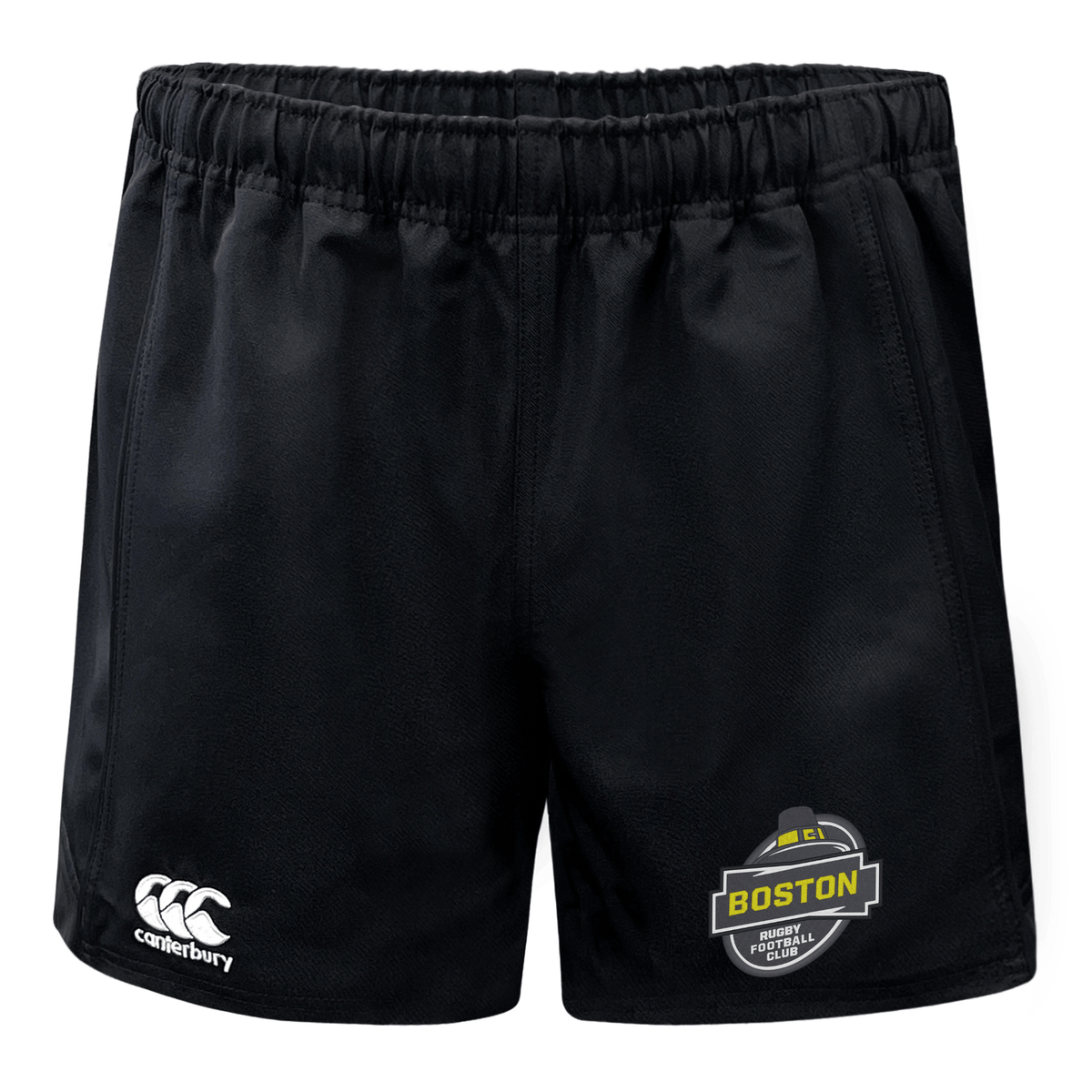 Black Boston RFC Advantage Rugby Shorts by EMB Canterbury featuring a Boston football logo on the right leg and the EMB Canterbury logo on the left leg, crafted from moisture-wicking fabric.