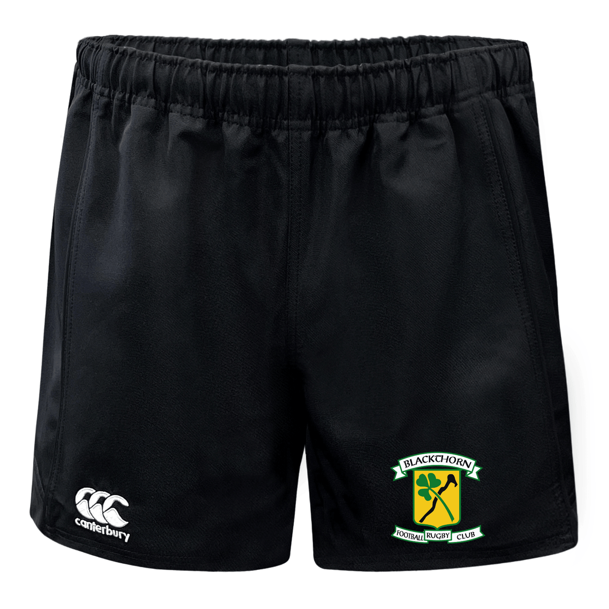 Blackthorn RFC Advantage Rugby Shorts by EMB Canterbury with a moisture wicking fabric, featuring a Canterbury logo on the left hem and a Blackthorn Rugby Club emblem on the right.