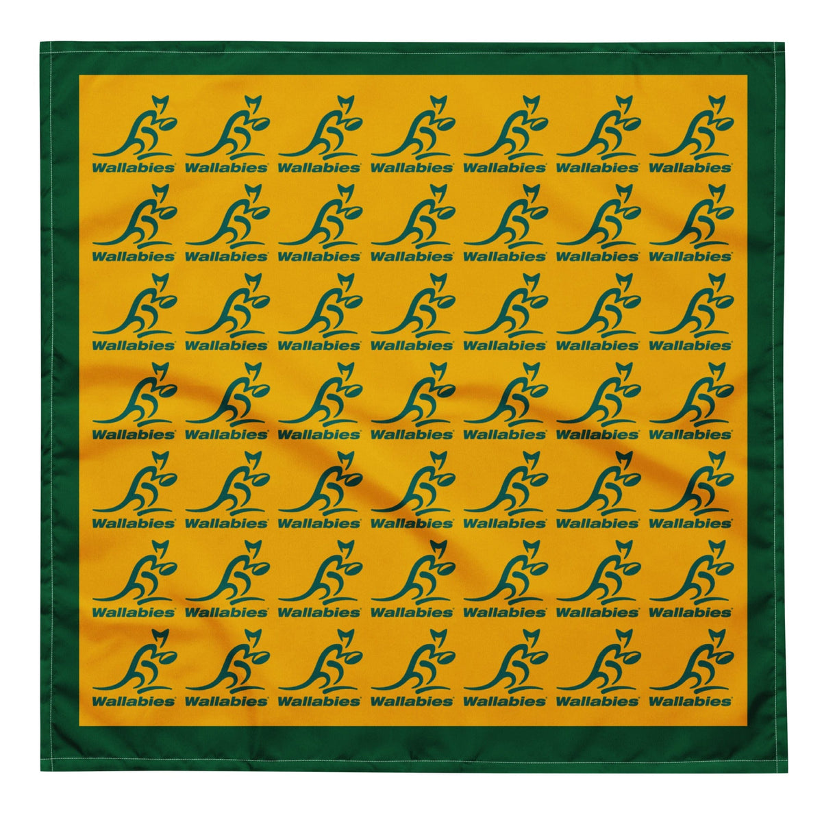 A yellow and green square with a pattern of a Wallaroos Multi-Logo Gold Bandana by PF LIC.