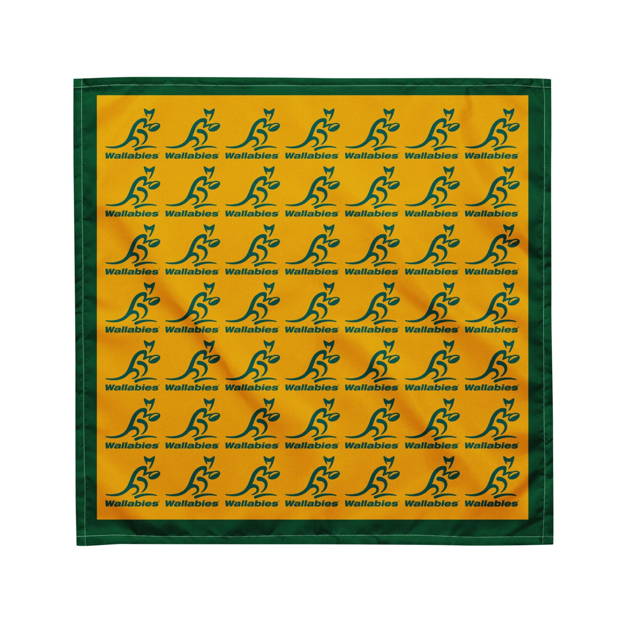 A yellow and green Wallaroos Multi-Logo Gold Bandana with a kangaroo on it, made by PF LIC.