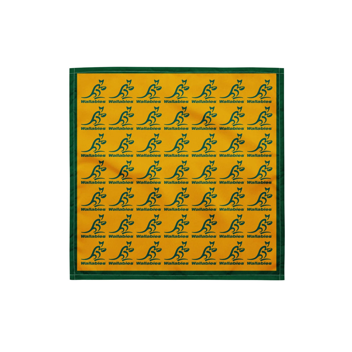 A yellow and green square with a pattern of a kangaroo, inspired by rugby style is the Wallaroos Multi-Logo Gold Bandana by PF LIC.