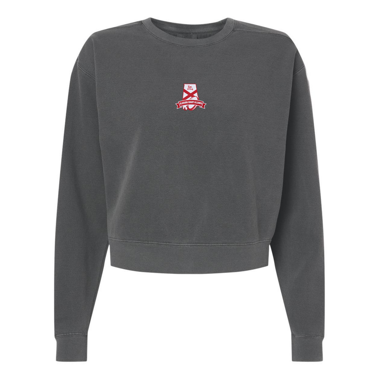 The EMB S&S Activewear Women's Alabama Rugby Alliance Mid-Length Crewneck Sweatshirt is a dark gray, garment-dyed top featuring a small red and white chest logo, shown against a plain white background.