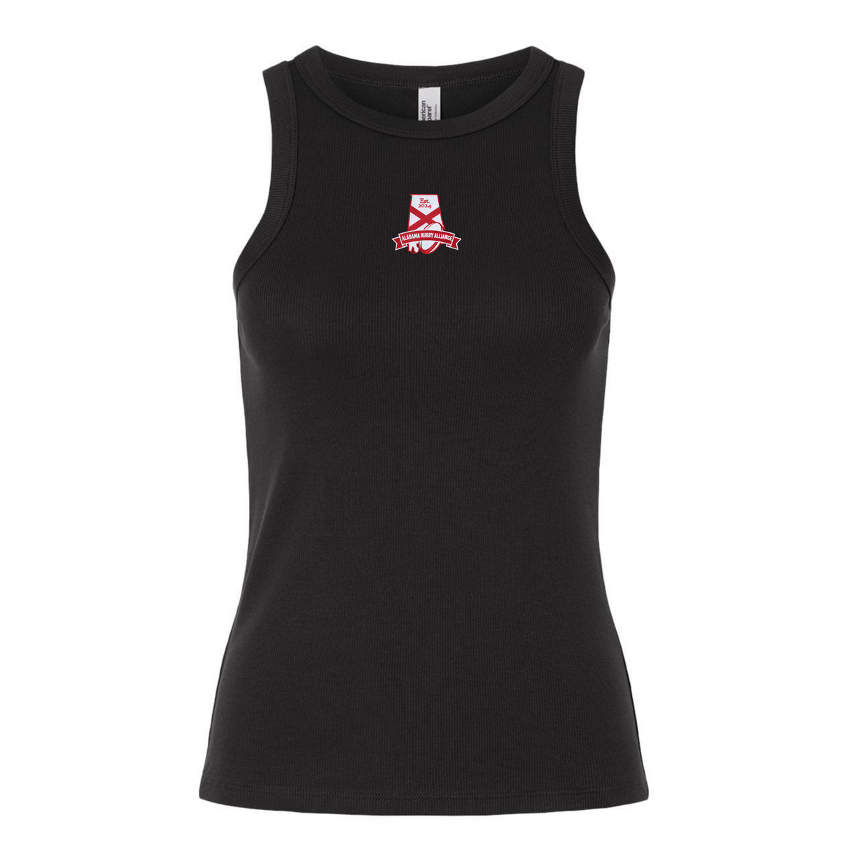 Show your team pride in the EMB S&S Activewear Women's Alabama Rugby Alliance Baby Rib Tank—a black sleeveless top with a bold red and white logo at the chest, perfect for sporty style and Alabama Rugby fans.