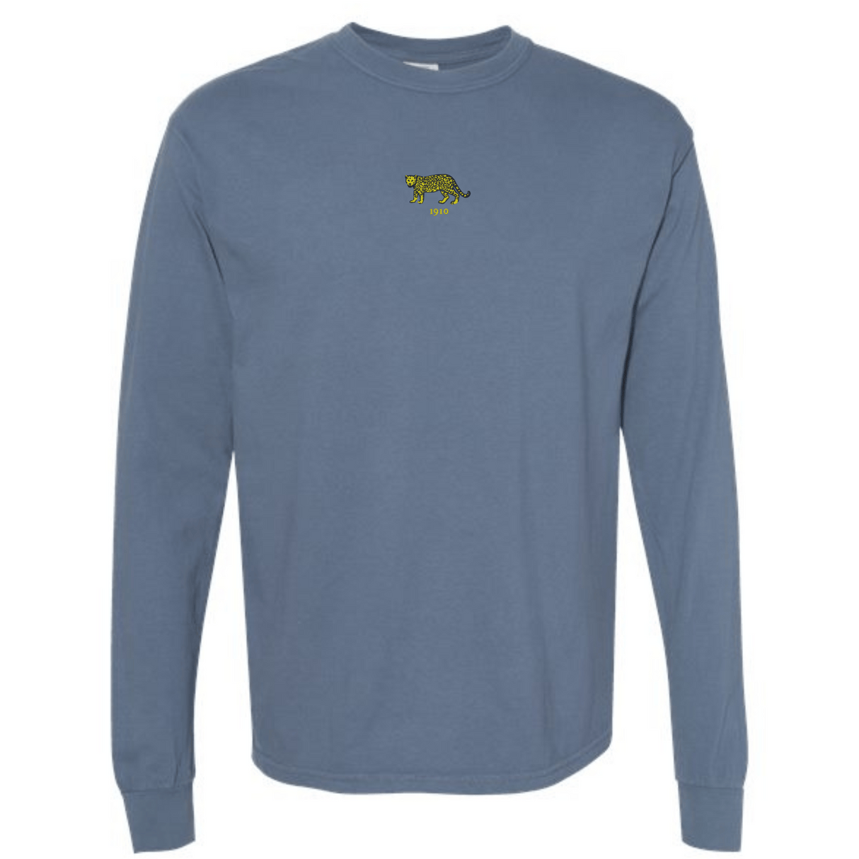 The Argentina Vintage Long Sleeve Comfort Tee by EMB S&S Activewear features a small embroidered yellow and black leopard on the chest, crafted in blue for comfort and style.