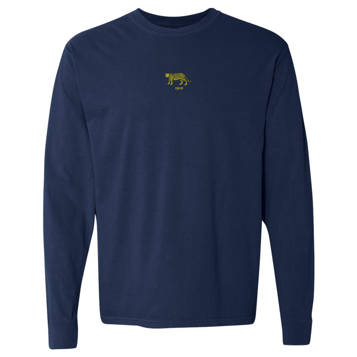 The Argentina Vintage Long Sleeve Comfort Tee by EMB S&S Activewear features a small yellow tiger and "313" embroidered on the chest, blending vintage style and comfort in a navy blue design.