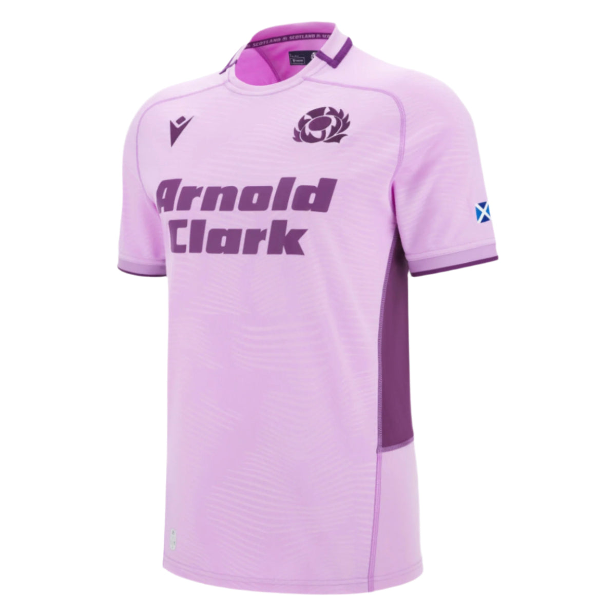 The Scotland 25/26 Replica Away Jersey by Macron features light purple fabric, dark purple side panels, the "Arnold Clark" sponsor logo, Scottish Rugby crest, and a Scotland flag on the sleeve—a must-have for fans.
